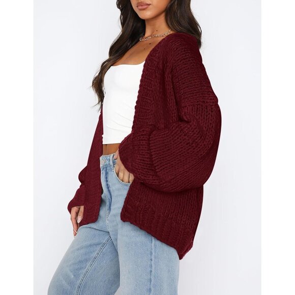 Womens Trendy Cardigan Sweaters Wine Red Long Sleeve Chunky Knit Outfits - Picture 3 of 8